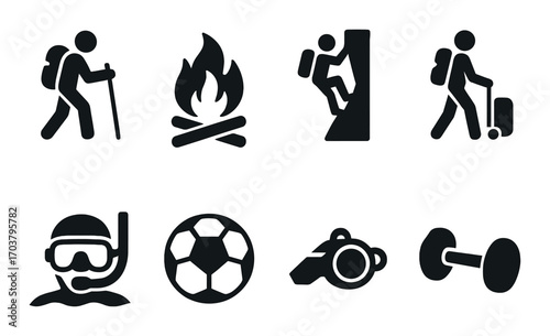 Outdoor and sports activity icons: hiking, campfire, climbing, scuba diving