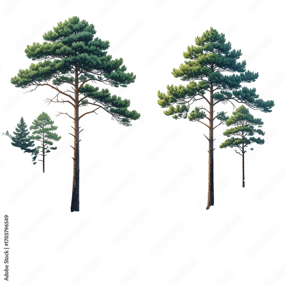 Obraz premium Three pine trees of varying sizes, digitally rendered, with vibrant green foliage