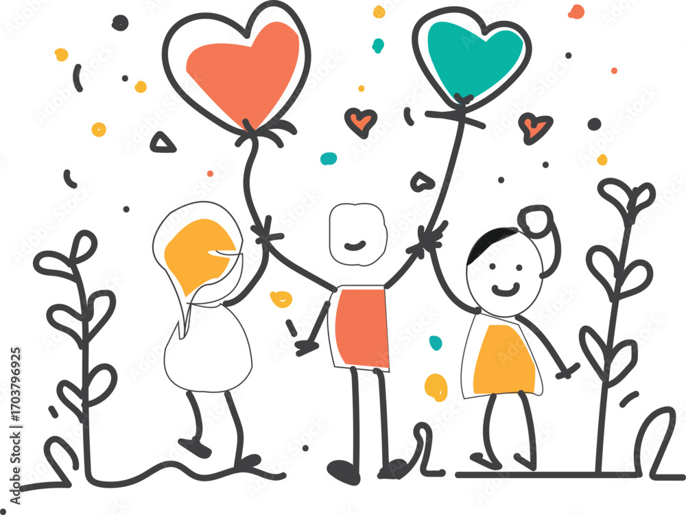 Fototapeta premium Three children holding two balloon