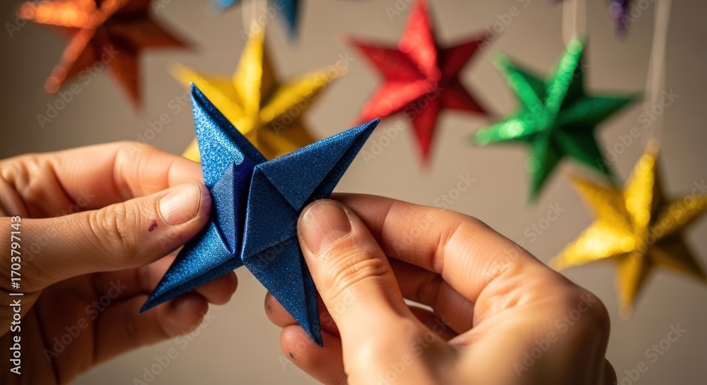 Fototapeta premium Hands carefully folding a blue origami star, other colorful stars hanging in the background.