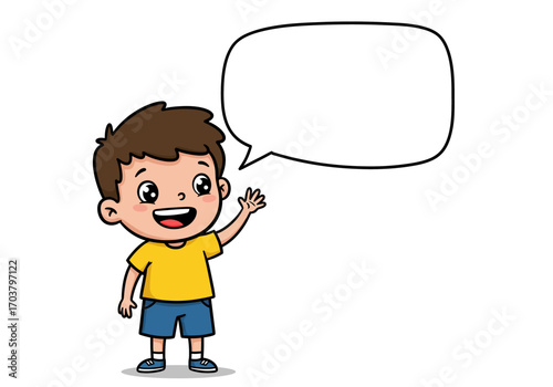 Cartoon Boy Waving with Speech Bubble Isolated on White.