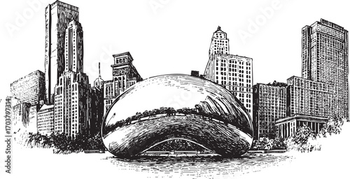 Cloud Gate, Chicago illustration on a white background. This vector illustration can be used in any size you like for advertising, logos, and other work.