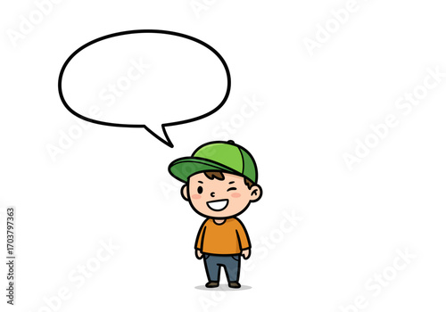 Cartoon Boy with Green Cap and Speech Bubble.