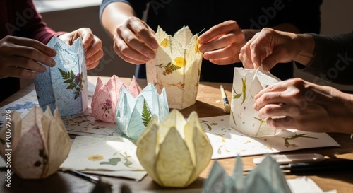 People crafting paper lanterns with pressed flowers in a workshop setting.