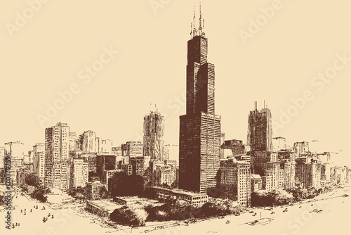 Willis Tower, Chicago illustration in a vintage style. This vector illustration can be used in any size you like for advertising, logos, and other work.