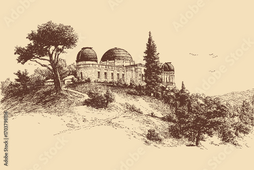 Griffith Observatory, Los Angeles illustration in a vintage style. This vector illustration can be used in any size you like for advertising, logos, and other work.