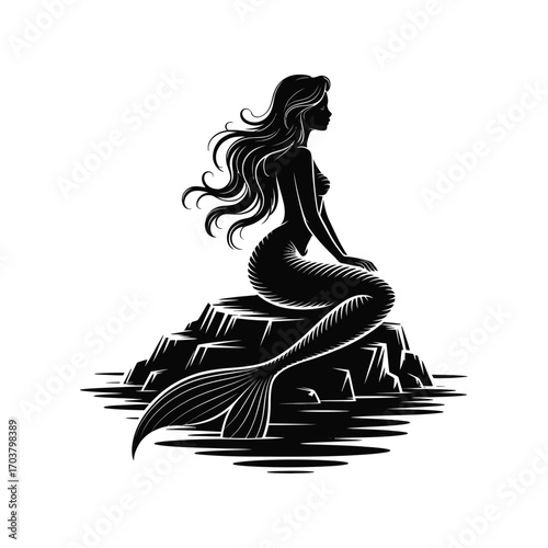 Enchanting Mermaid Silhouette Illustration Seated on Rock Amidst Gentle Waves of the Sea
