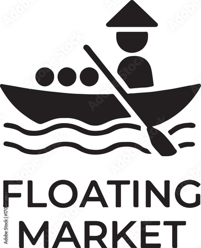 Floating market silhouette icon, traditional river commerce vector design, EPS file ready.