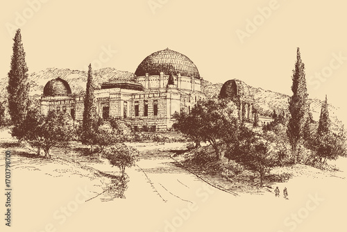 Griffith Observatory, Los Angeles illustration in a vintage style. This vector illustration can be used in any size you like for advertising, logos, and other work.