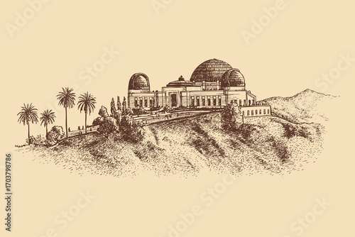 Griffith Observatory, Los Angeles illustration in a vintage style. This vector illustration can be used in any size you like for advertising, logos, and other work.