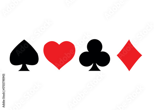 Vector playing card suits isolated on white background, a classic set of symbols representing spades, hearts, clubs, and diamonds for games