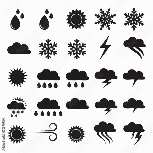 A vibrant vector set of weather icons featuring symbols for sun, cloud, rain, snow, and wind illustrates a diverse forecast of sky and climate conditions