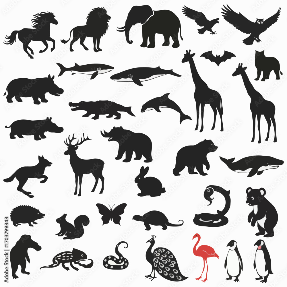 Fototapeta premium A collection of wild animal silhouettes including a horse, elephant, and lion is presented as a black vector illustration