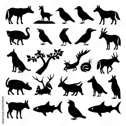 A black vector collection of wild animal silhouettes including a dog, cat, and horse