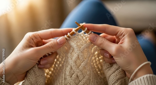 Close-up of hands knitting a cream-colored cable knit sweater.