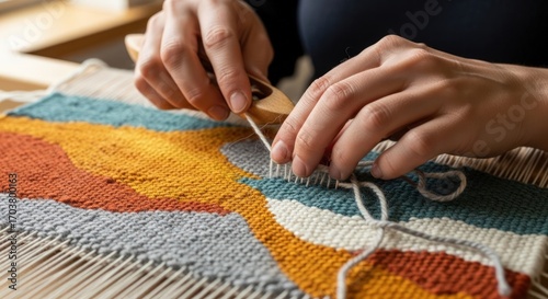 Close-up of hands using a wooden shuttle to weave colorful yarn on a loom, creating a vibrant textile art piece.