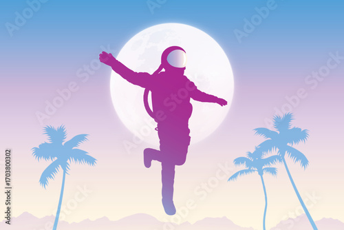 Astronaut flying in sky. Cosmonaut silhouette. Man on desert planet