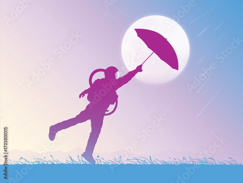 Astronaut in rainy weather. Man with umbrella. Cosmonaut silhouette