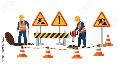 A yellow under construction warning sign with a traffic cone sits on a building site