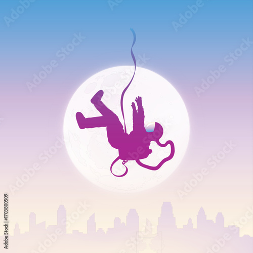 Falling astronaut. Flying cosmonaut in sky. Lonely man and evening sun