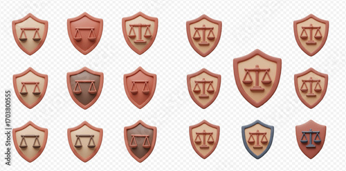 Collection of shields with scales of justice emblem in various brown and blue tones.