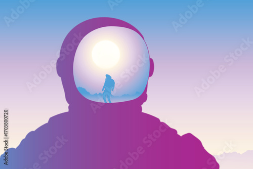 Astronaut in helmet. Close-up of cosmonaut head. Man in spacesuit