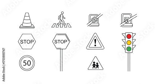 A minimalist collection of line art traffic signs and symbols, illustrating essential rules for road safety and driver education