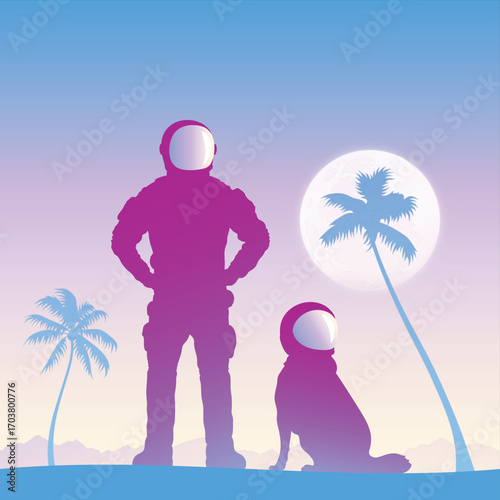 Astronaut with dog. Cosmonaut on tropical planet. First man on Mars