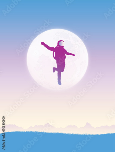 Flying astronaut. Cosmonaut in spacesuit. Spaceman silhouette. Sci fi
