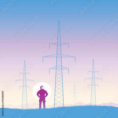 Astronaut on dark planet. Cosmonaut silhouette and transmission tower