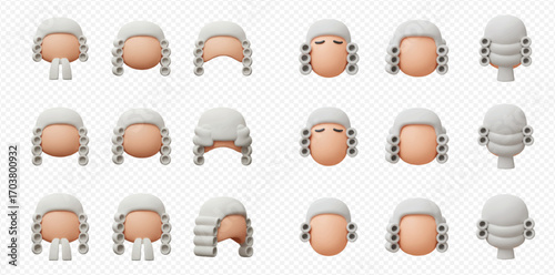 Fifteen cartoon avatars wearing white judge wigs with different styles and orientations on a transparent background.