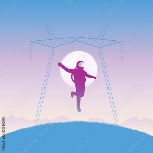 Flying astronaut. Cosmonaut silhouette. Lonely man on dark planet