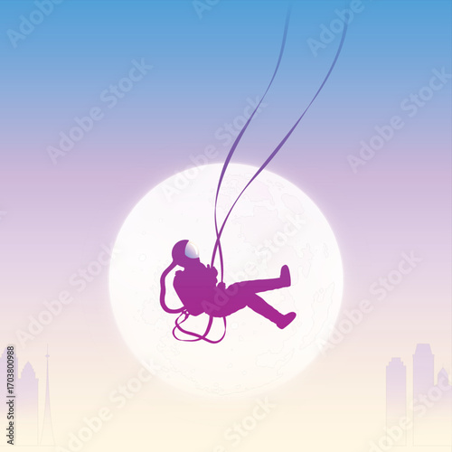 Astronaut on swing. Cosmonaut silhouette. City in fog and evening sun