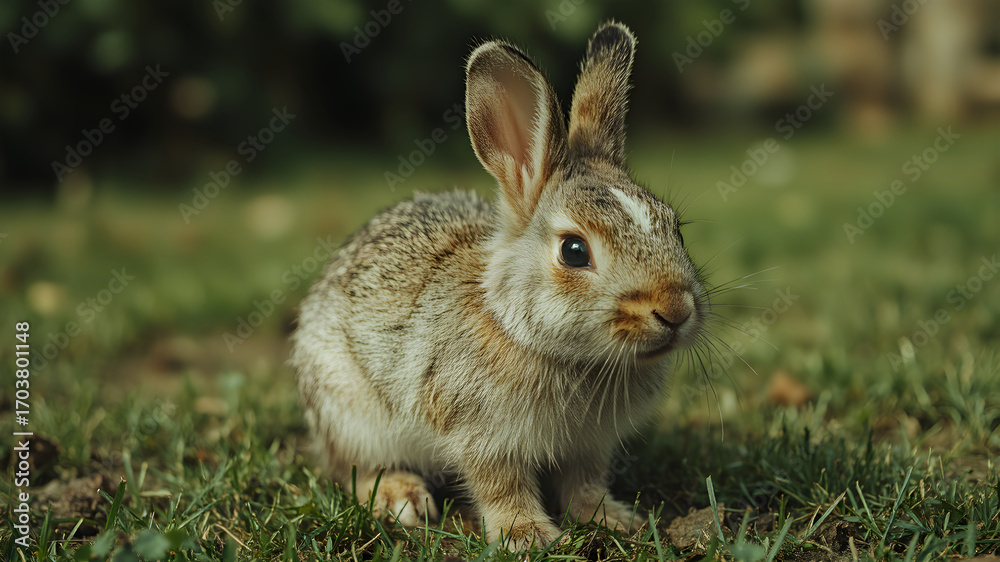 Fototapeta premium A close-up portrait of a cute, wild brown cottontail rabbit sitting in a lush green grass meadow.