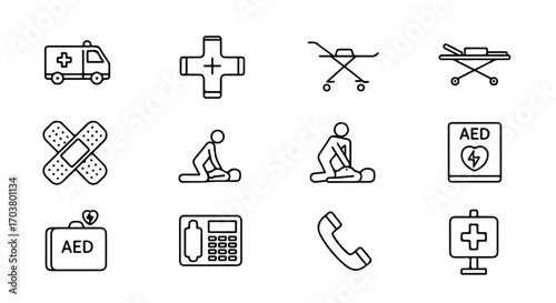 Thin line icon collection for emergency medicine and first aid assistance, illustrating life-saving procedures and equipment