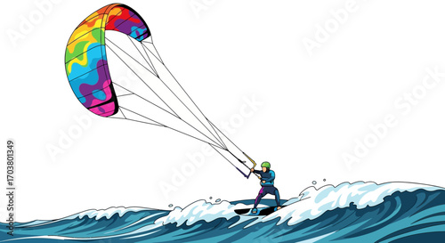 A vibrant painting of a woman kite surfing over the blue water, with a beautiful butterfly design on her kite flying in the summer sky