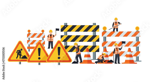 3D rendering of an under construction sign with a traffic cone and a warning symbol on a road work site