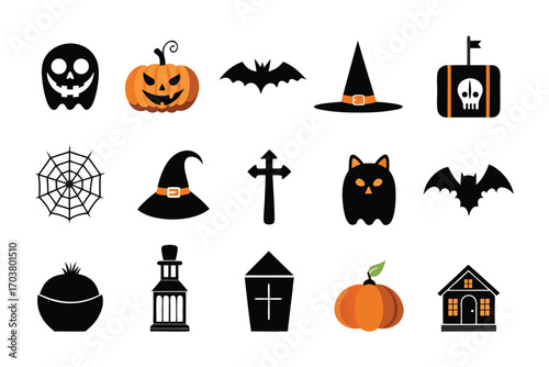 Collection of Halloween icons set silhouette vector art illustration.