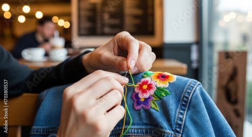 Close-up of hands embroidering a colorful floral patch onto a denim jacket in a cafe setting.
