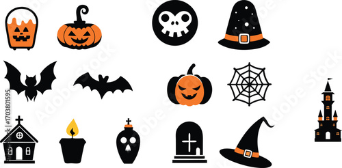 Collection of Halloween icons set silhouette vector art illustration.