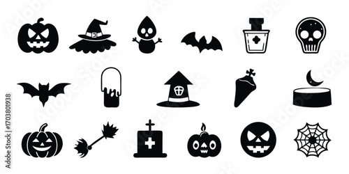 Collection of Halloween icons set silhouette vector art illustration.