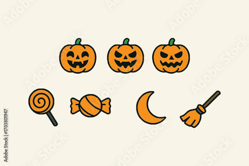 Halloween flat vector icon set – spooky cartoon illustrations