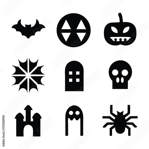 Collection of Halloween icons set silhouette vector art illustration.