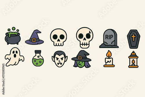 Halloween flat vector icon set – spooky cartoon illustrations
