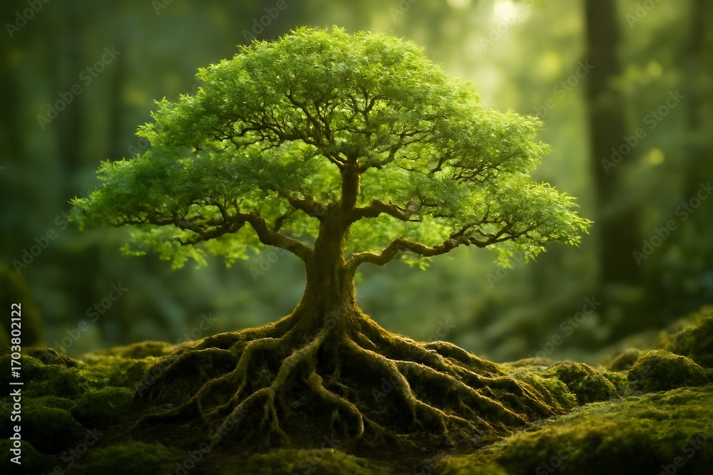Fototapeta premium Lush Green Tree with Roots in Serene Forest Setting Surrounded by Soft Light and Foliage