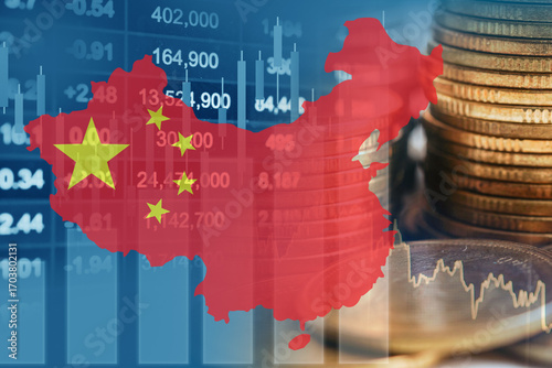 China flag with stock market finance, economy trend graph digital technology.