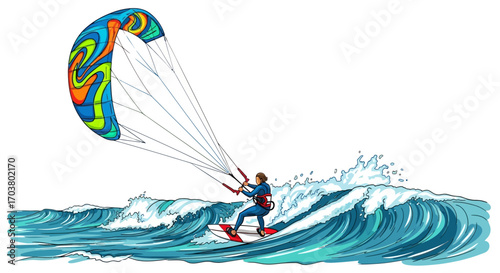 Colorful sails of windsurfers and surfers on the ocean and beach, enjoying the summer water sport