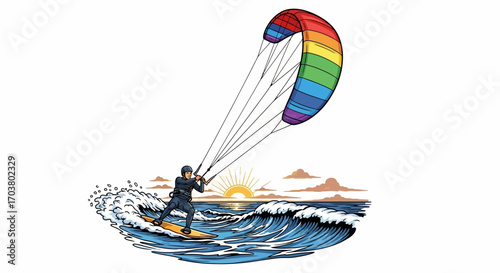 Windsurfing and sailing with kite and parachute over the sea illustration