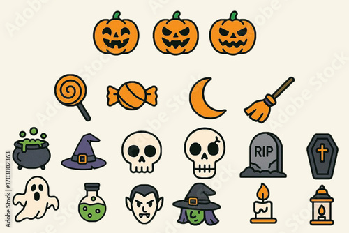 Halloween flat vector icon set – spooky cartoon illustrations