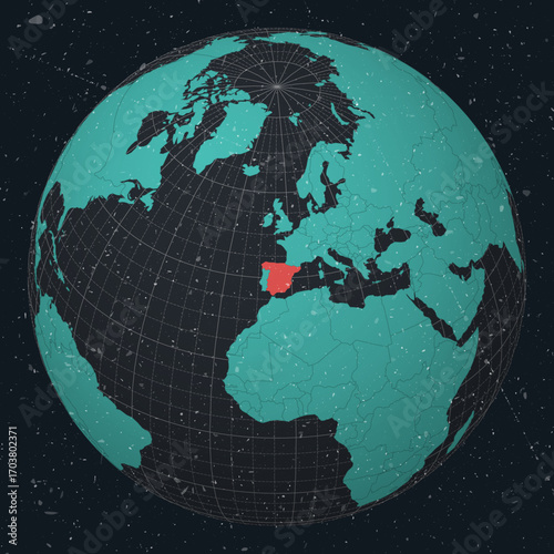 Spain on Globe. Vintage look with grunge scratched texture. Country view on world map in Dark Charcoal Turquoise color palette. Spain shape on map. Globe with meridians and parallels.
